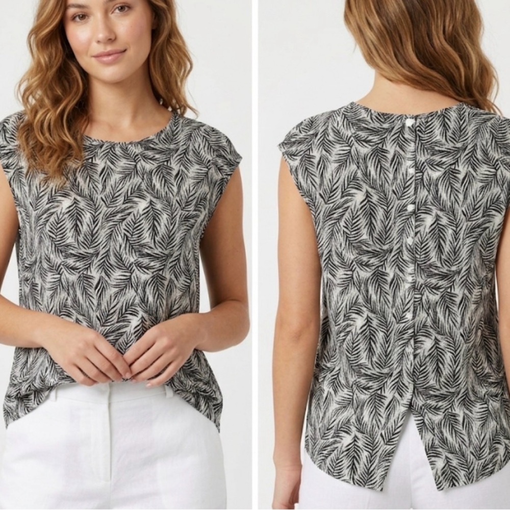 Tahari 100% Linen Black White Botanical Print Cap Sleeve Button Back Detail M